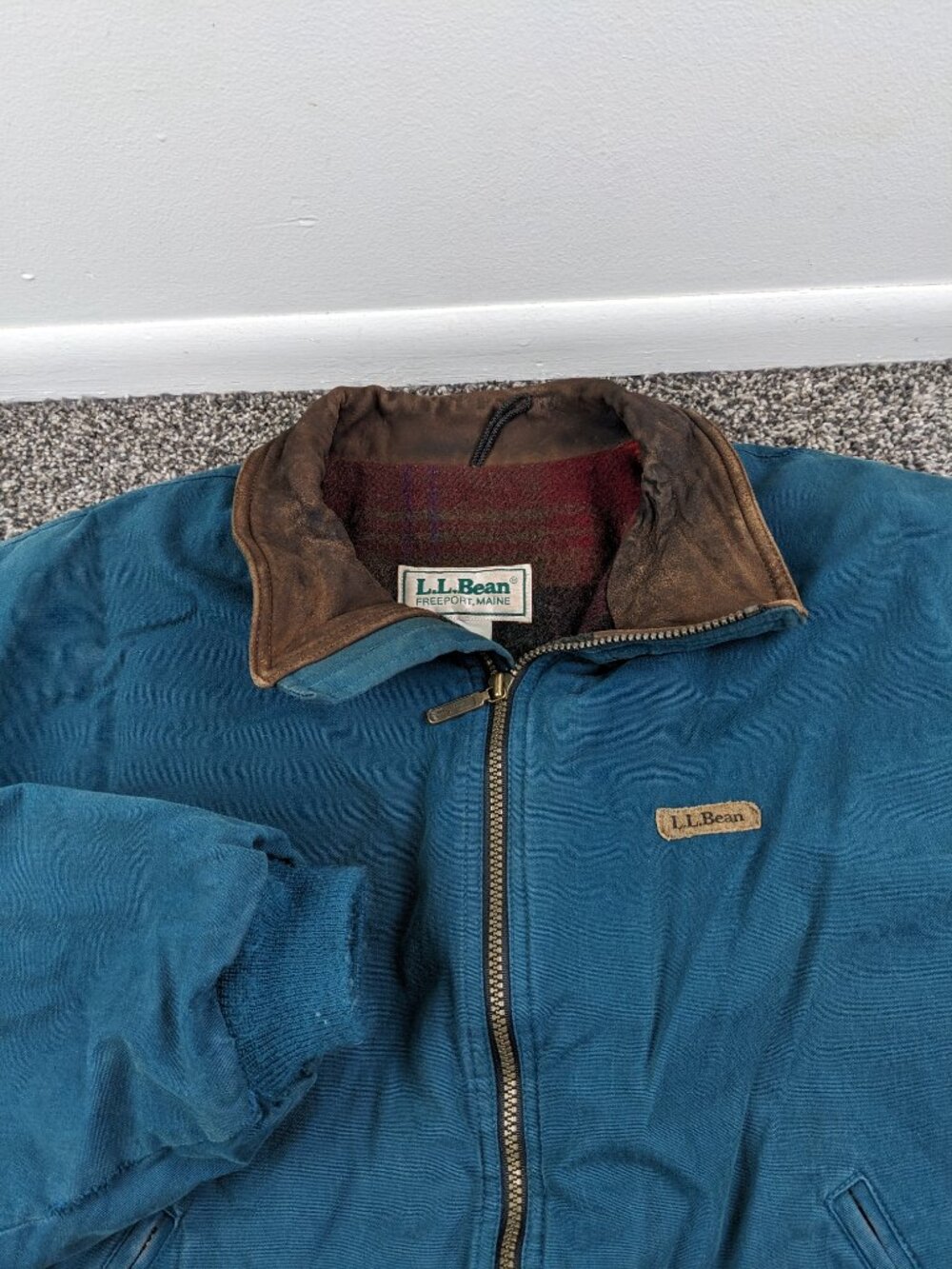 Vintage LL Bean Jacket Suede Collar Wool Blanket Lined Bomber Mens Large US Made - Picture 2 of 15